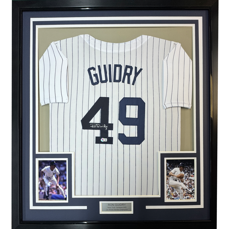 Framed Autographed/Signed Ron Guidry 35x39 New York Pinstripe Baseball Jersey Beckett BAS COA