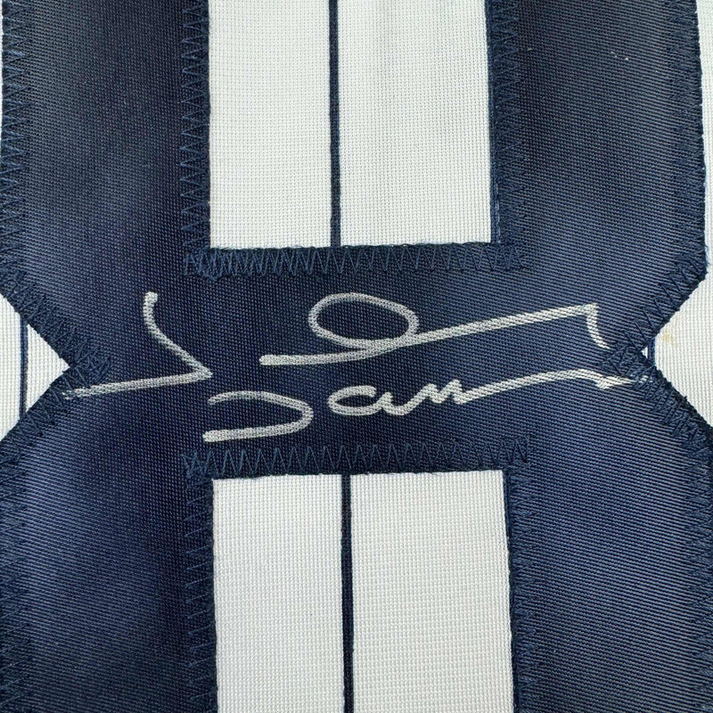 Autographed/Signed Johnny Damon New York Pinstripe Baseball Jersey Beckett BAS COA