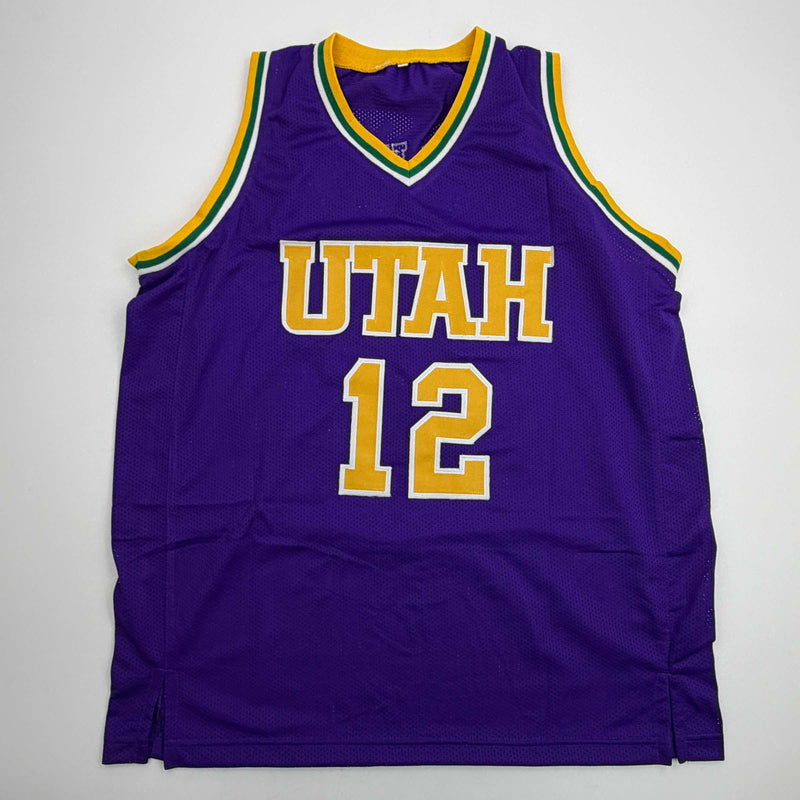 Autographed/Signed John Stockton Utah Purple Basketball Jersey Beckett BAS COA