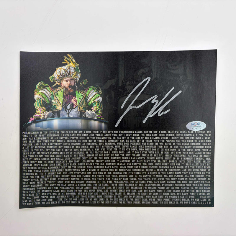 Autographed/Signed Jason Kelce Super Bowl Parade Speech Transcript Mummers Philadelphia Eagles 8x10 Football Photo PSA/DNA COA