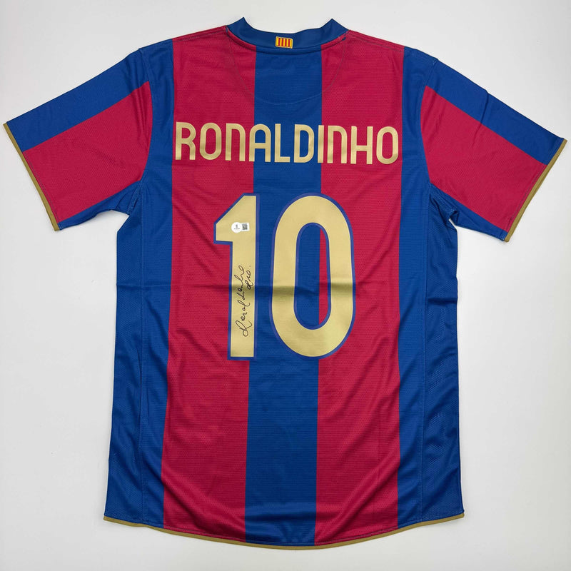 Autographed/Signed Ronaldinho Barcelona Blue/Red Soccer Jersey Beckett BAS COA