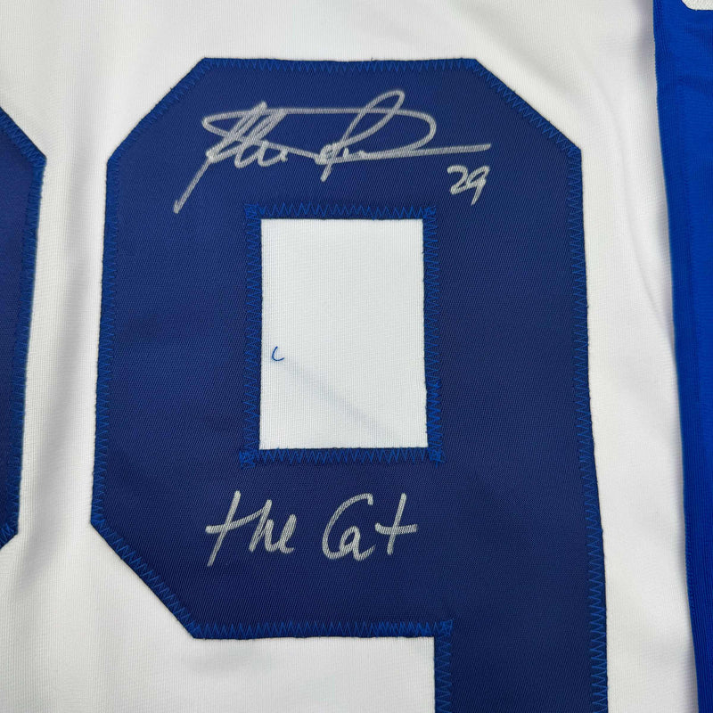 Framed Autographed/Signed Felix Potvin The Cat 35x39 Toronto White Hockey Jersey JSA COA