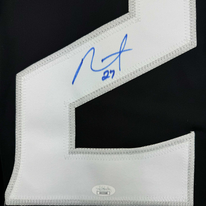 Framed Autographed/Signed Alec Martinez 35x39 Los Angeles LA Black Hockey Jersey JSA COA