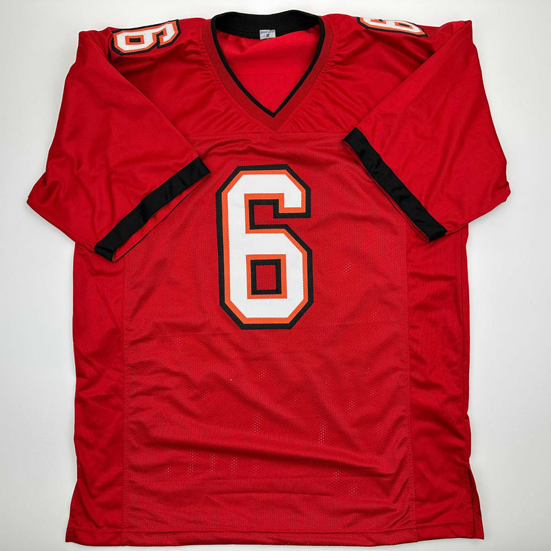 Autographed/Signed Baker Mayfield Tampa Bay Red Football Jersey Beckett BAS COA