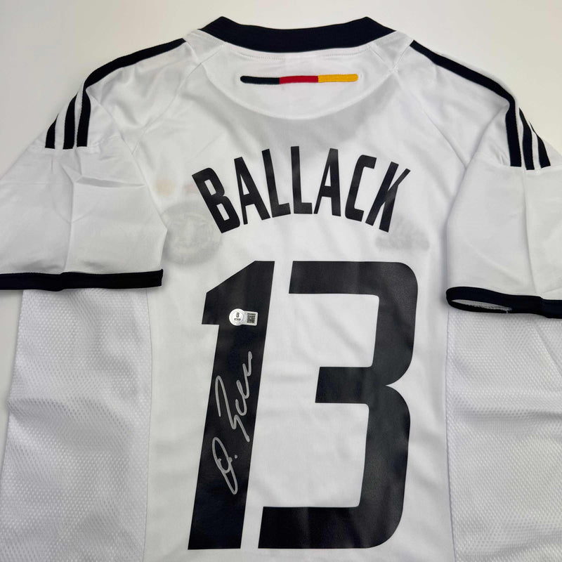 Autographed/Signed Michael Ballack Germany White Soccer World Cup Jersey Beckett BAS COA