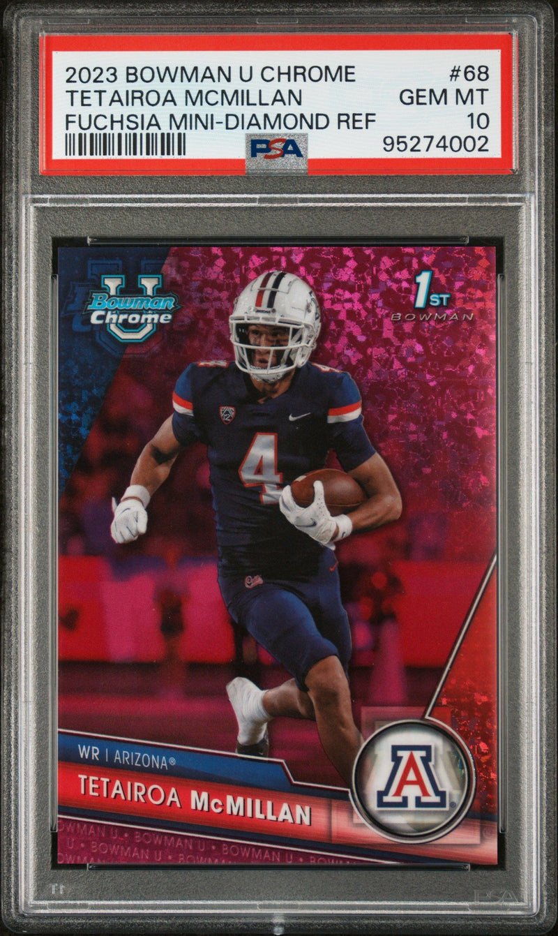 Graded 2023 Topps Bowman U Chrome Tetairoa McMillan #68 Fuchsia Mini Diamond Refractor /150 Rookie RC Football Card PSA 10 Gem Mint