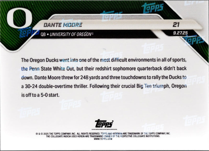 2025 Topps Bowman U Now Dante Moore #21 Black Foil /10 Oregon Ducks Rookie RC Football Card