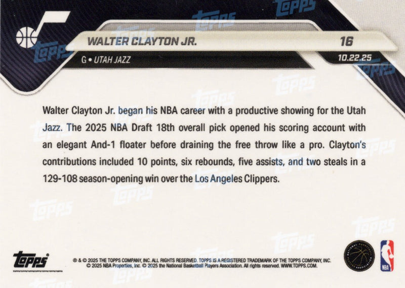 2025 Topps Now Walter Clayton Jr #16 Green Foil /99 Utah Jazz Rookie RC Basketball Card