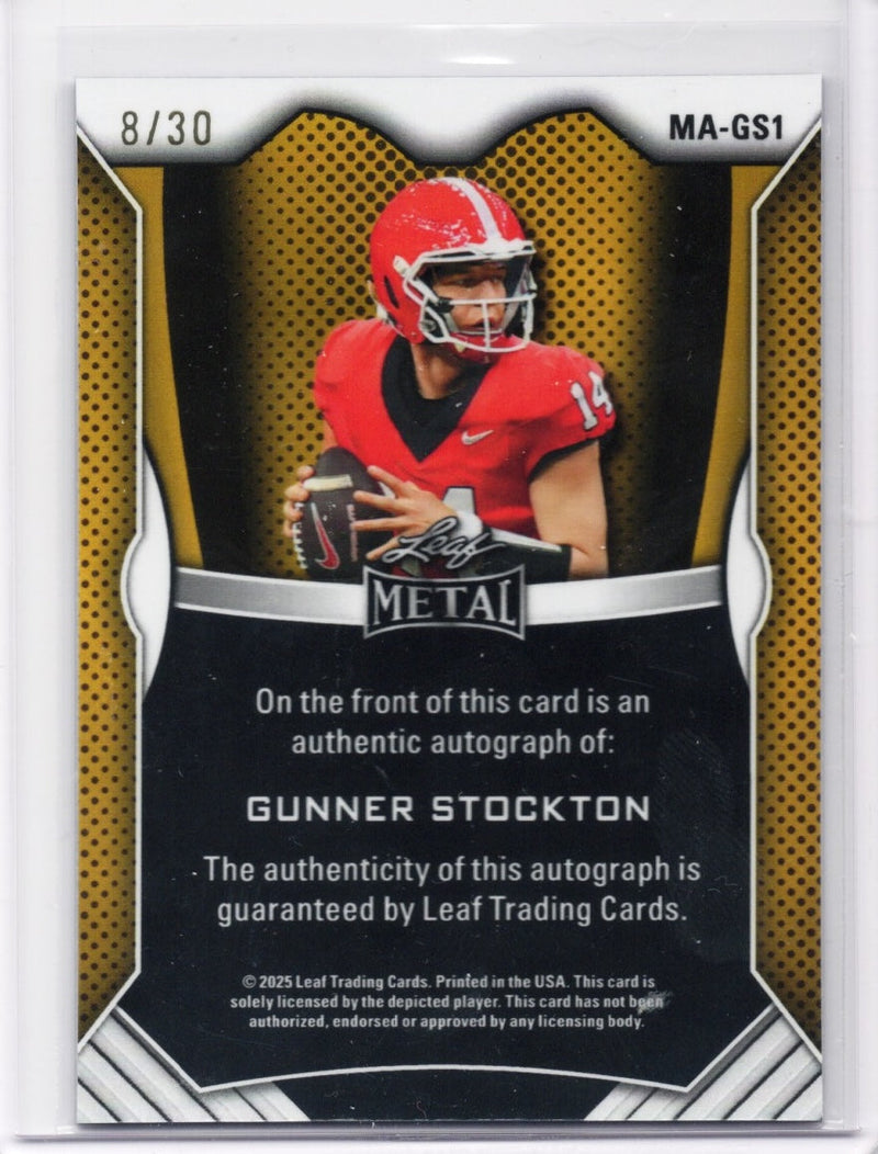 2025 Leaf Metal Gunner Stockton #MAGS1 Blue Shimmer Auto /30 Georgia Bulldogs Rookie RC Football Card