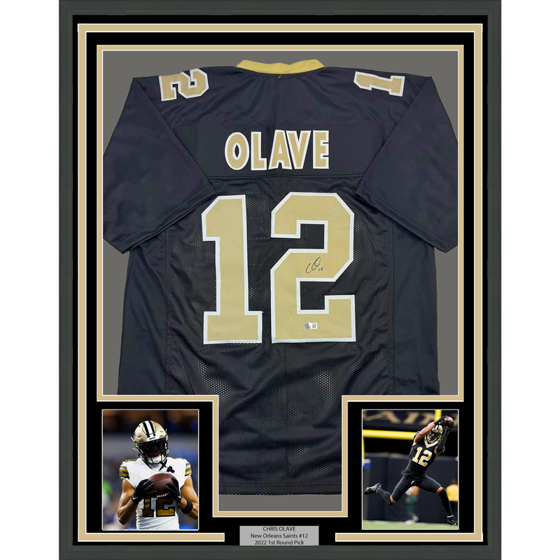 Framed Autographed/Signed Chris Olave 35x39 New Orleans Black Football Jersey Beckett BAS COA