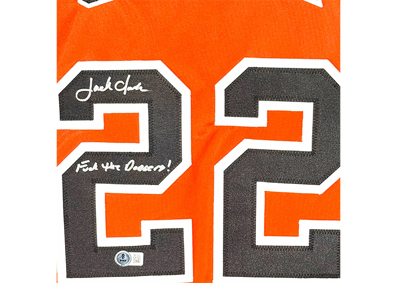 Jack Clark Signed Fuck the Dodgers Inscription San Francisco Orange Throwback Baseball Jersey (Beckett)