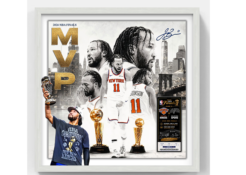 Jalen Brunson Signed 22x22 MVP Finals Framed Photo Display Replica Ticket Auto