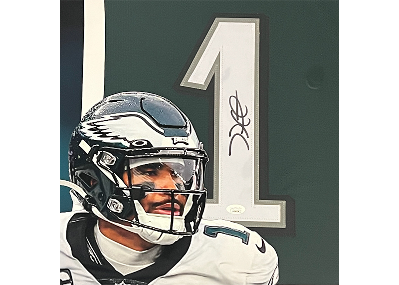 Jalen Hurts Signed 39x27 Framed Football Jersey (JSA)