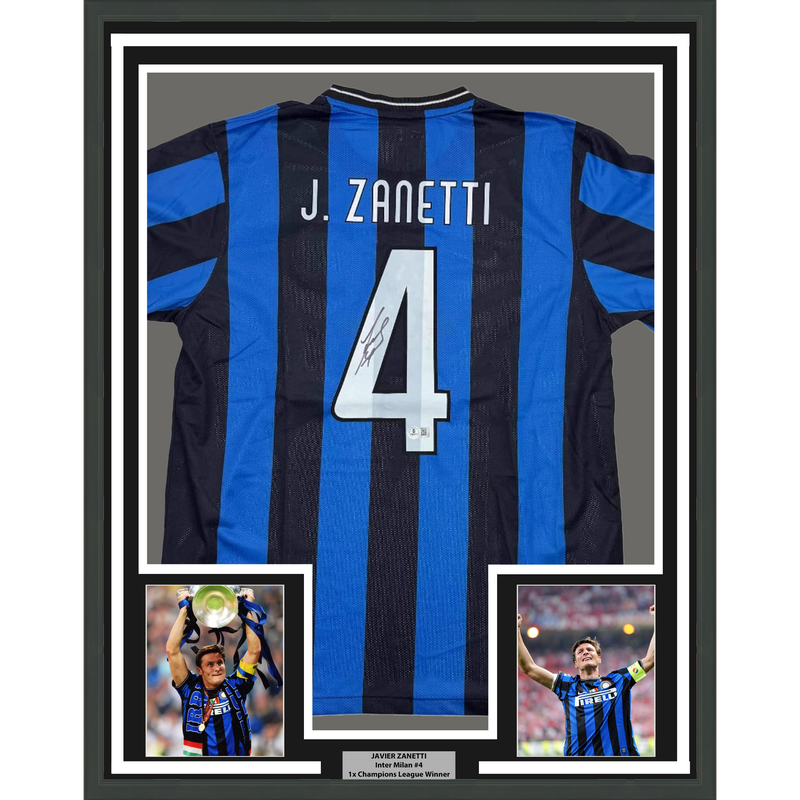 Framed Autographed/Signed Javier Zanetti 35x39 Inter Milan Soccer Futbol Jersey Beckett BAS COA