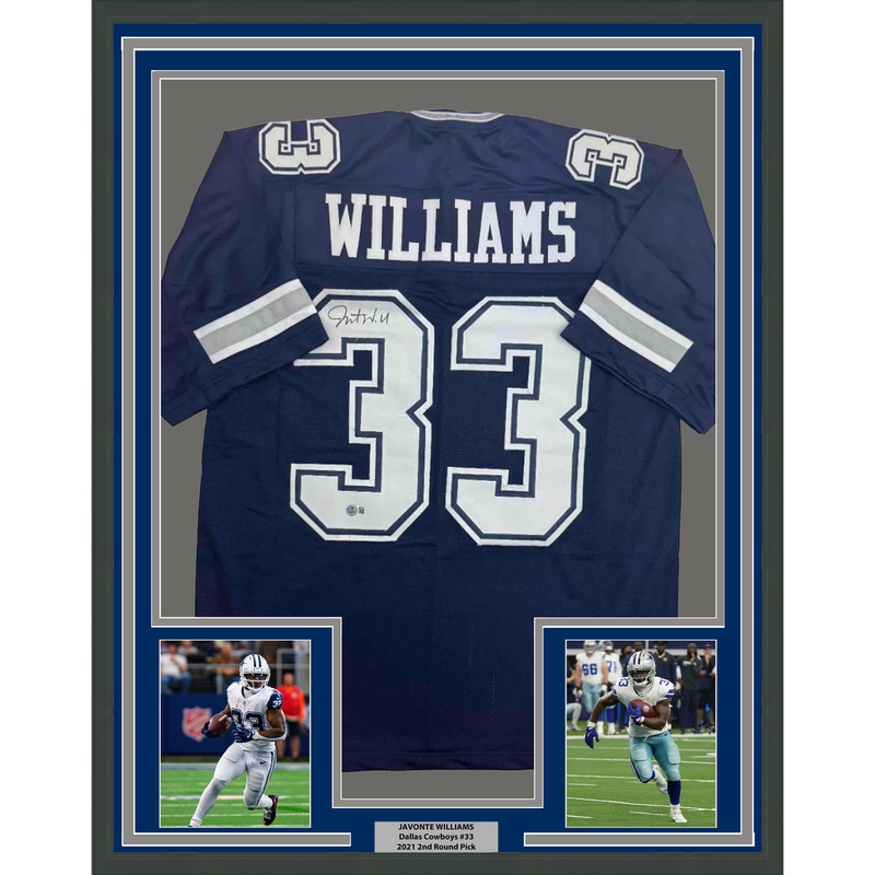 Framed Autographed/Signed Javonte Williams 35x39 Dallas Blue Football Jersey Beckett BAS COA