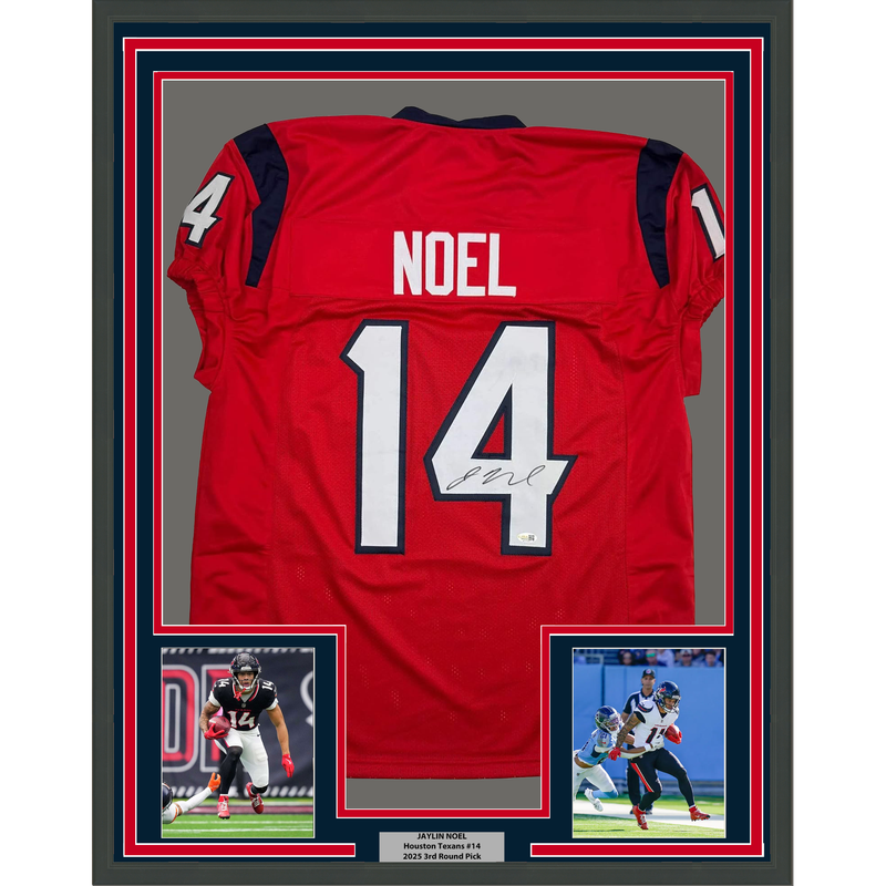 Framed Autographed/Signed Jaylin Noel 35x39 Houston Red Football Jersey JSA COA