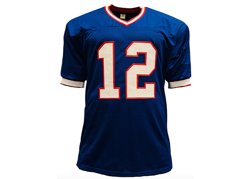 Jim Kelly Autographed Custom Blue Football Stat Jersey Beckett