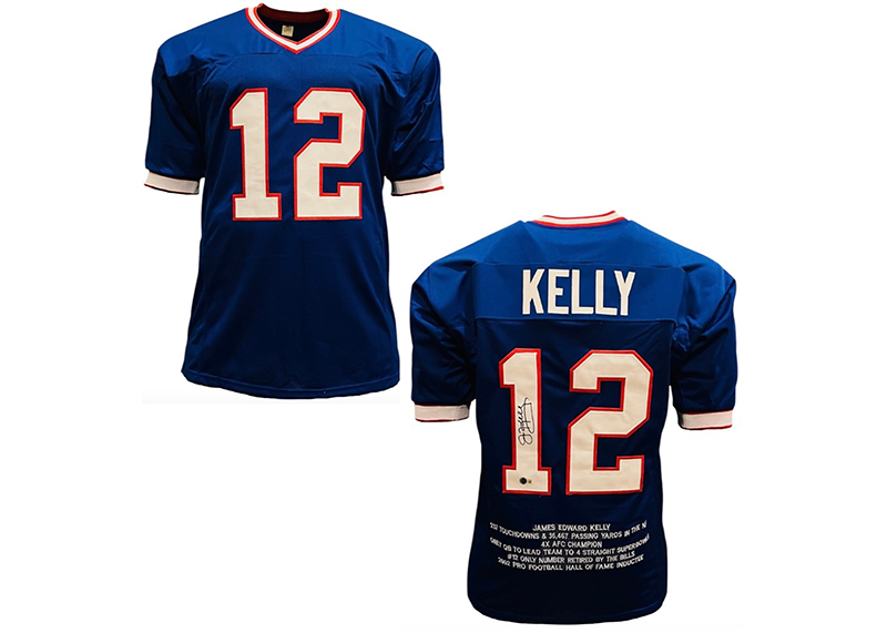 Jim Kelly Autographed Custom Blue Football Stat Jersey Beckett