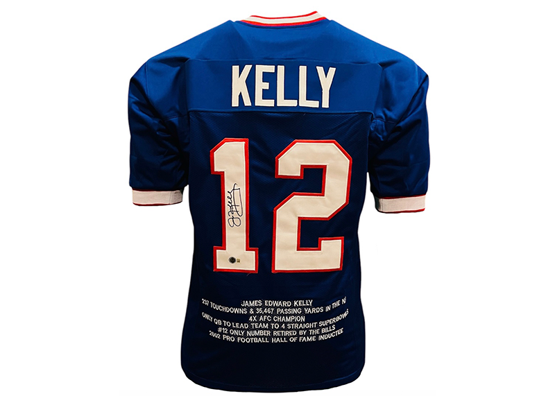 Jim Kelly Autographed Custom Blue Football Stat Jersey Beckett