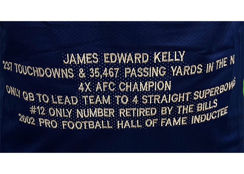 Jim Kelly Autographed Buffalo Blue Football Stat Jersey Beckett