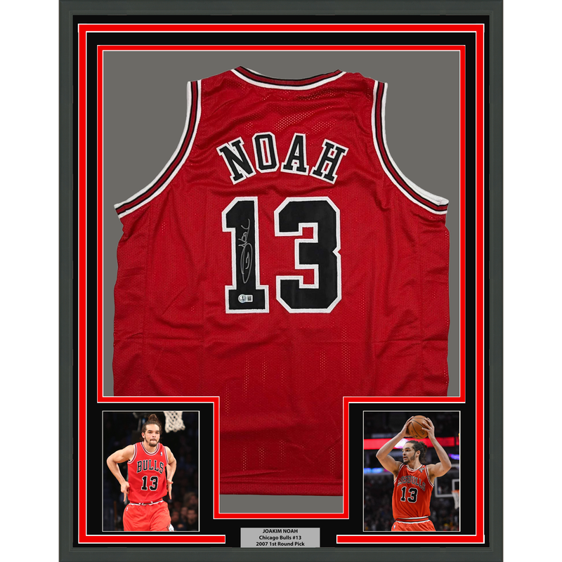 Framed Autographed/Signed Joakim Noah 35x39 Chicago Red Basketball Jersey Beckett BAS COA