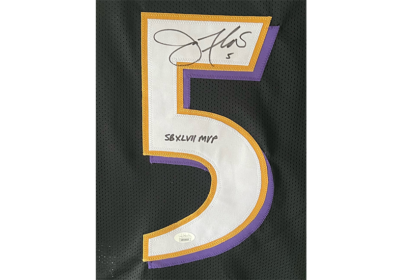 Joe Flacco Signed Custom Football Black Jersey SB 47 MVP Insc JSA