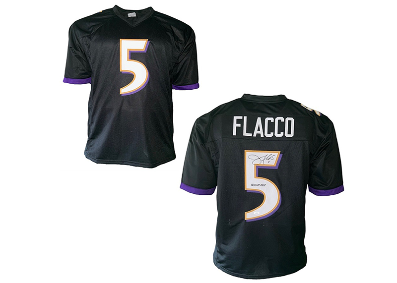 Joe Flacco Signed Custom Football Black Jersey SB 47 MVP Insc JSA