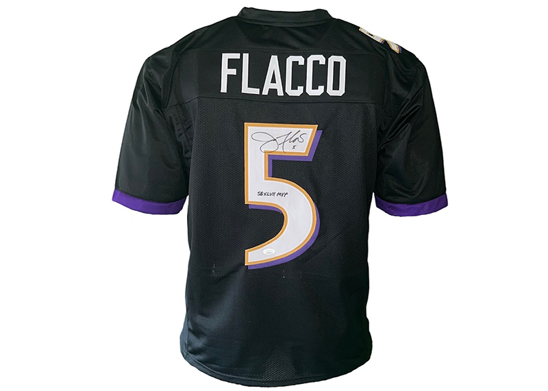 Joe Flacco Signed Custom Football Black Jersey SB 47 MVP Insc JSA