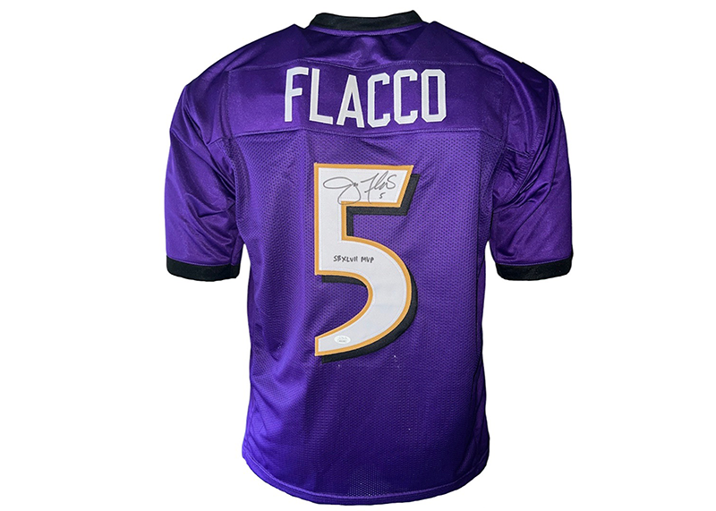 Joe Flacco Signed Baltimore Purple Football Jersey SB 47 MVP Insc JSA