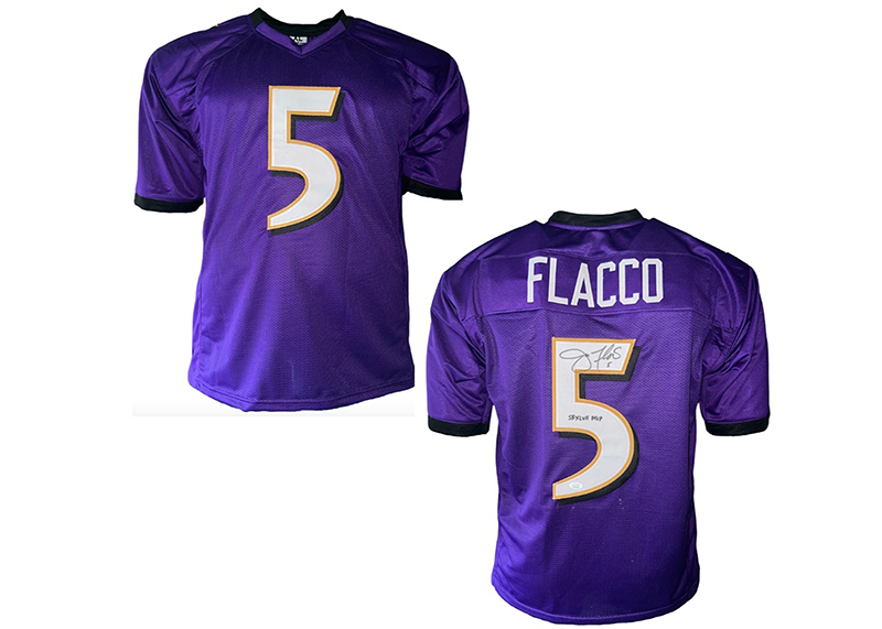 Joe Flacco Signed Baltimore Purple Football Jersey SB 47 MVP Insc JSA
