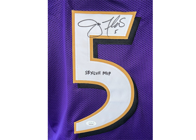 Joe Flacco Signed Baltimore Purple Football Jersey SB 47 MVP Insc JSA