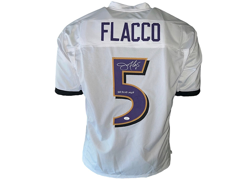 Joe Flacco Signed Baltimore White Football Jersey SB 47 MVP Insc JSA