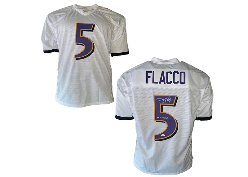 Joe Flacco Signed Baltimore White Football Jersey SB 47 MVP Insc JSA