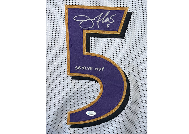 Joe Flacco Signed Custom Football White Jersey SB 47 MVP Insc JSA