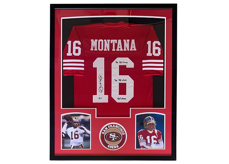 Joe Montana Signed Red Framed Jersey 34x42 Beckett Multiple Insc