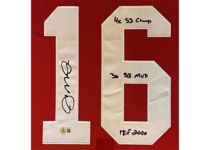 Joe Montana Signed Red Framed Jersey 34x42 Beckett Multiple Insc