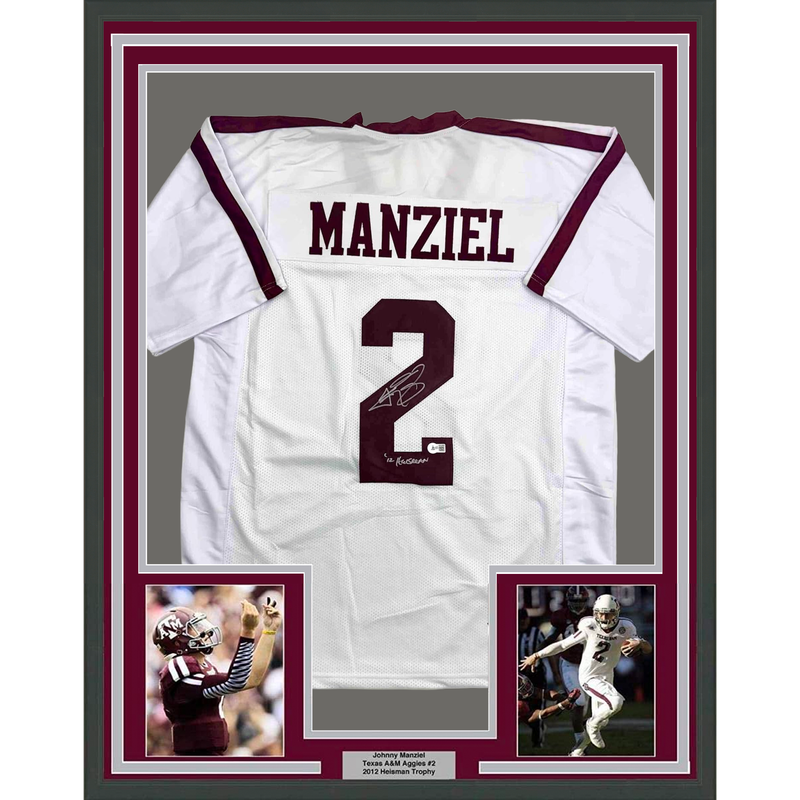 Framed Autographed/Signed Johnny Manziel 12 Heisman 35x39 Texas A&M White College Football Jersey JSA COA