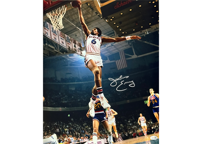 Julius "Dr. J" Erving Signed Philadelphia 76ers 16x20 Dunk Photo – JSA