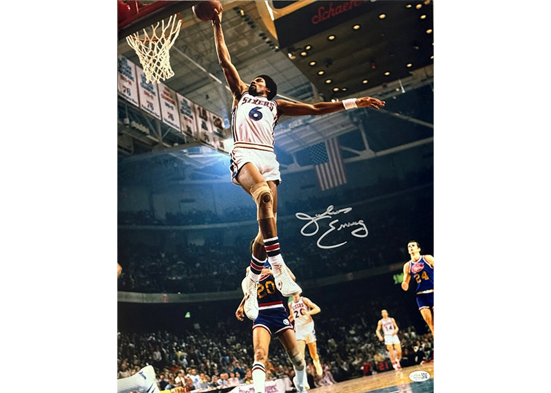 Julius "Dr. J" Erving Signed Philadelphia 76ers 16x20 Dunk Photo JSA