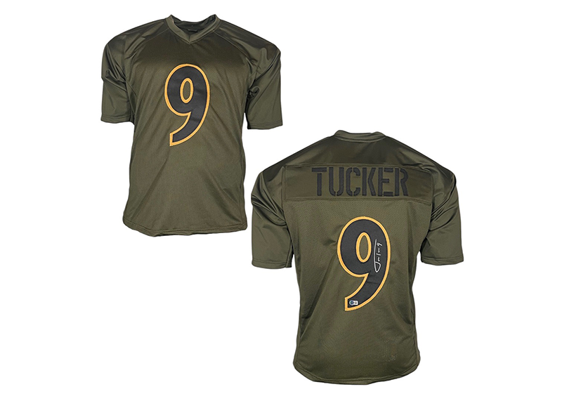 Justin Tucker Signed Baltimore Green Salute To Service Football Jersey (Beckett)