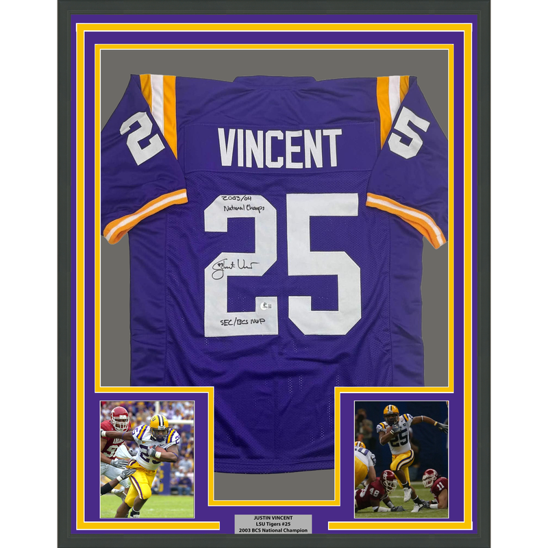Framed Autographed/Signed Justin Vincent 35x39 LSU Purple College Football Jersey Beckett BAS COA