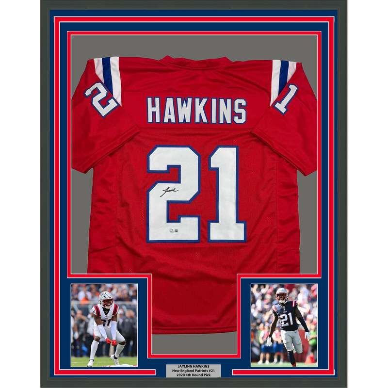 Framed Autographed/Signed Jaylinn Hawkins 35x39 New England Red Football Jersey Beckett BAS COA