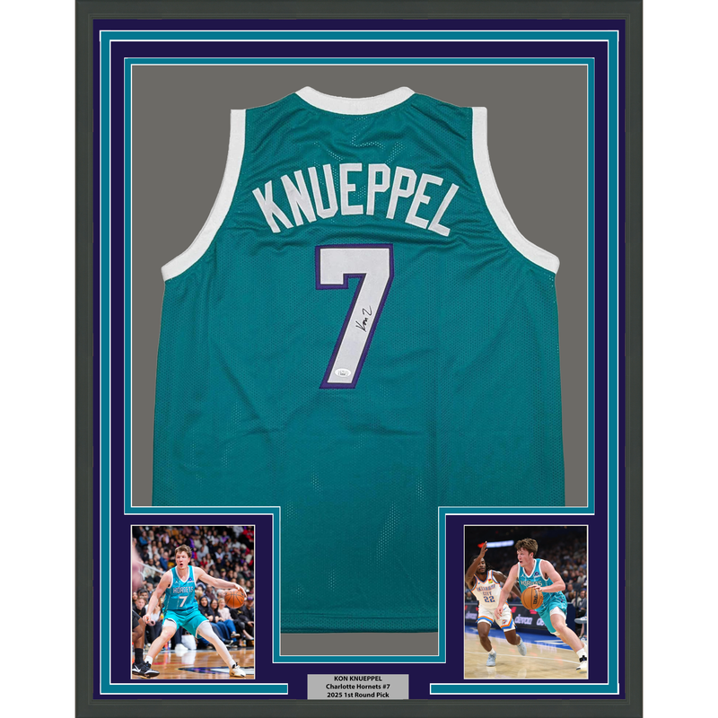 Framed Autographed/Signed Kon Knueppel 35x39 Charlotte Teal Basketball Jersey JSA COA