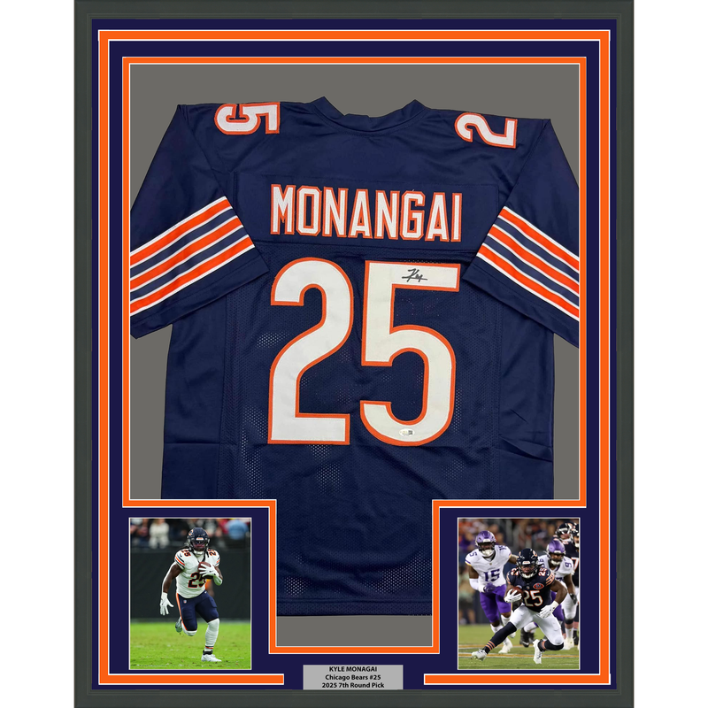 Framed Autographed/Signed Kyle Monangai 35x39 Chicago Blue Football Jersey JSA COA