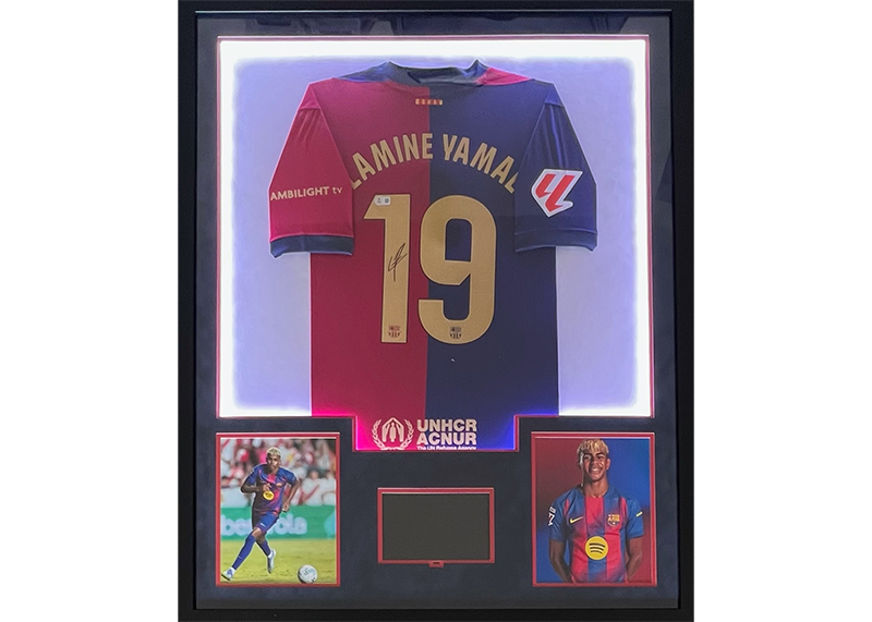Lamine Yamal Signed Barcelona 34x42 Framed Jersey w/ LED & 8x10 Video TV Beckett