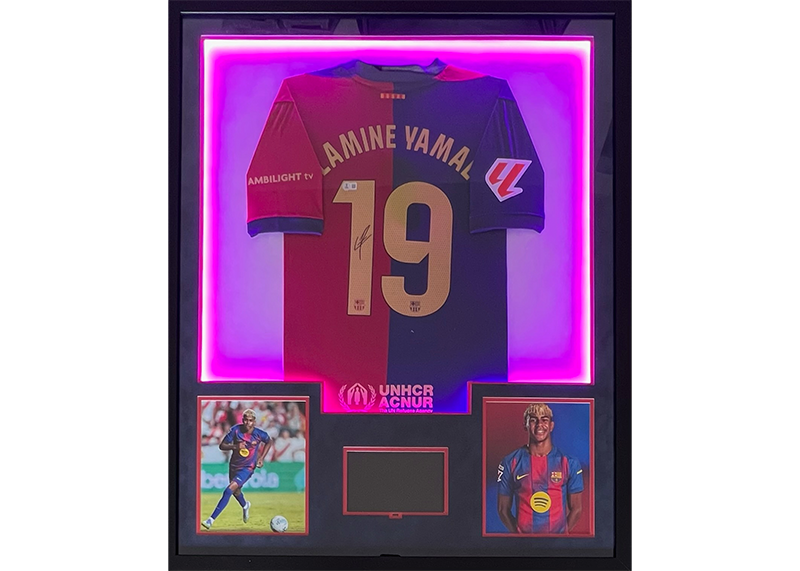 Lamine Yamal Signed Barcelona 34x42 Framed Jersey w/ LED & 8x10 Video TV Beckett