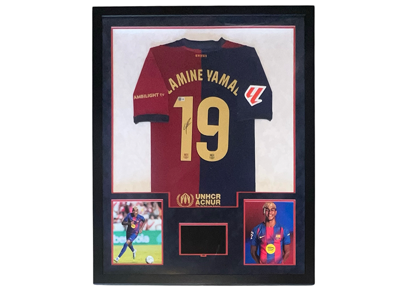 Lamine Yamal Signed Barcelona 34x42 Framed Jersey w/ LED & 8x10 Video TV Beckett