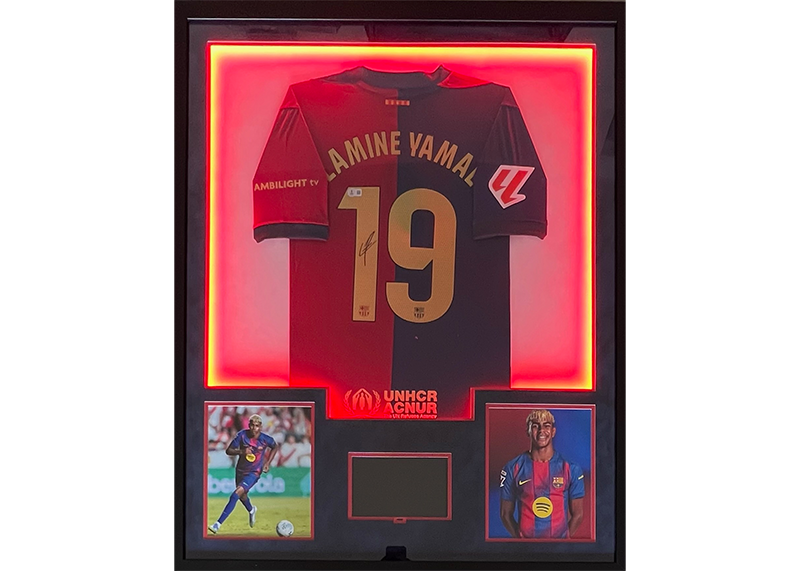 Lamine Yamal Signed Barcelona 34x42 Framed Jersey w/ LED & 8x10 Video TV Beckett