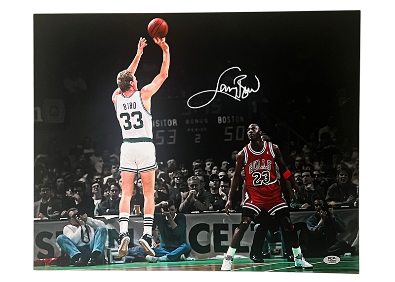 Larry Bird Autographed Boston Celtics 16x20 Photo With Michael Jordan PSA