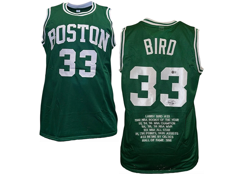 Larry Bird Autographed Custom Green Boston Stat Basketball Jersey Beckett